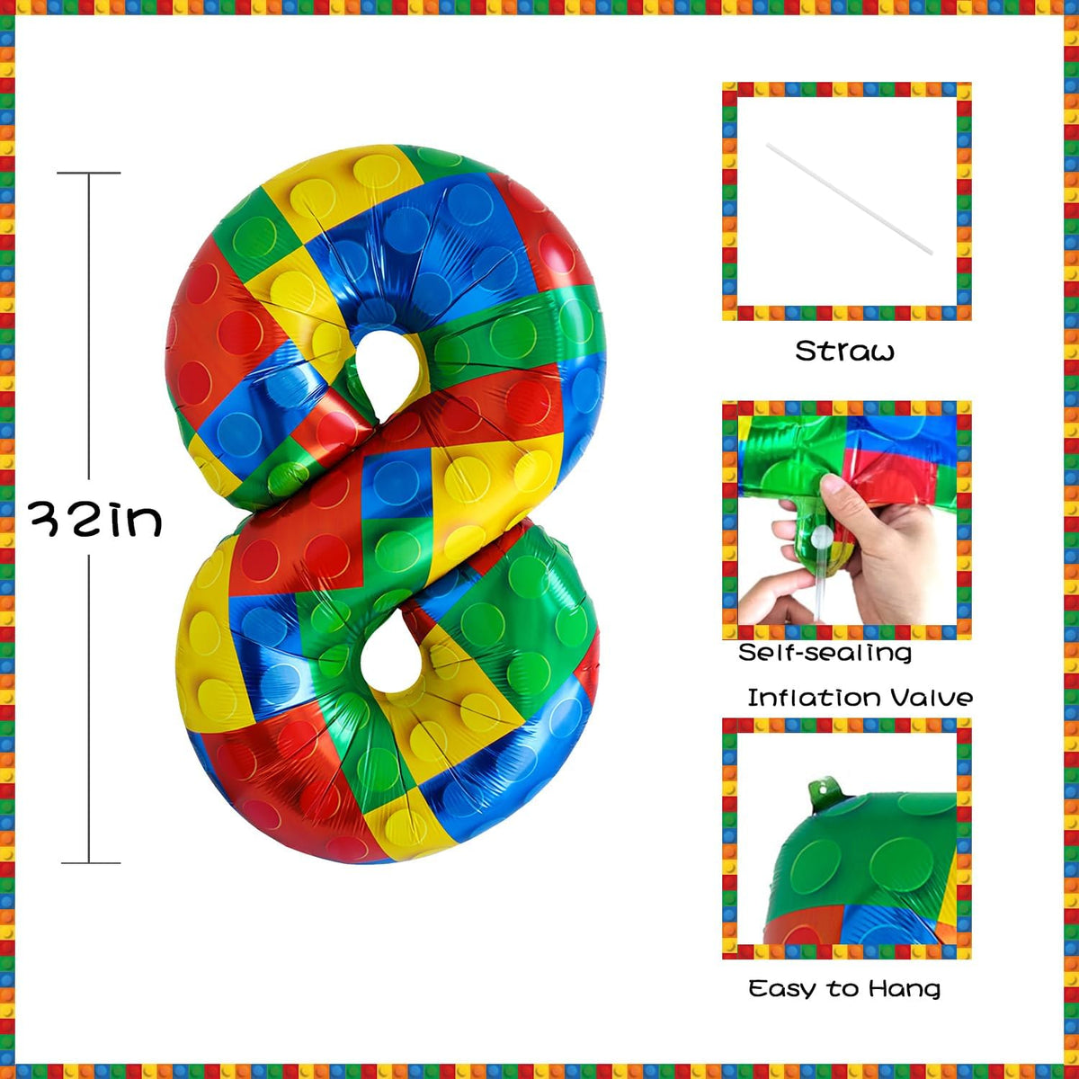 32 Inch Stackable Block Number Balloon – Colorful Brick Building Themed Big Helium Digits for Kids