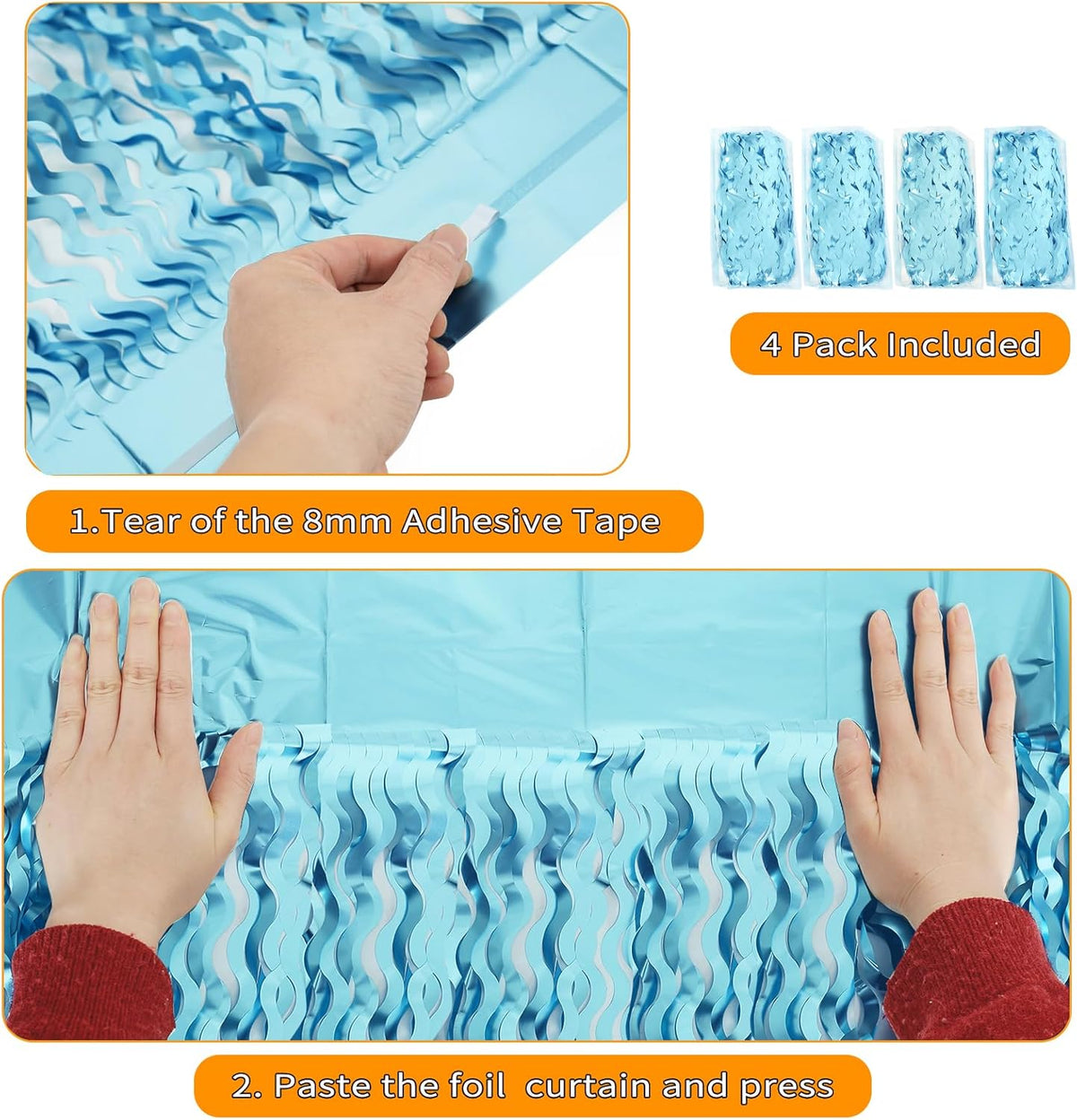4 Pack Wavy Blue Foil Fringe Curtain 3.3x6.6 Feet | Blue Streamers Tinsel Backdrop for Under The