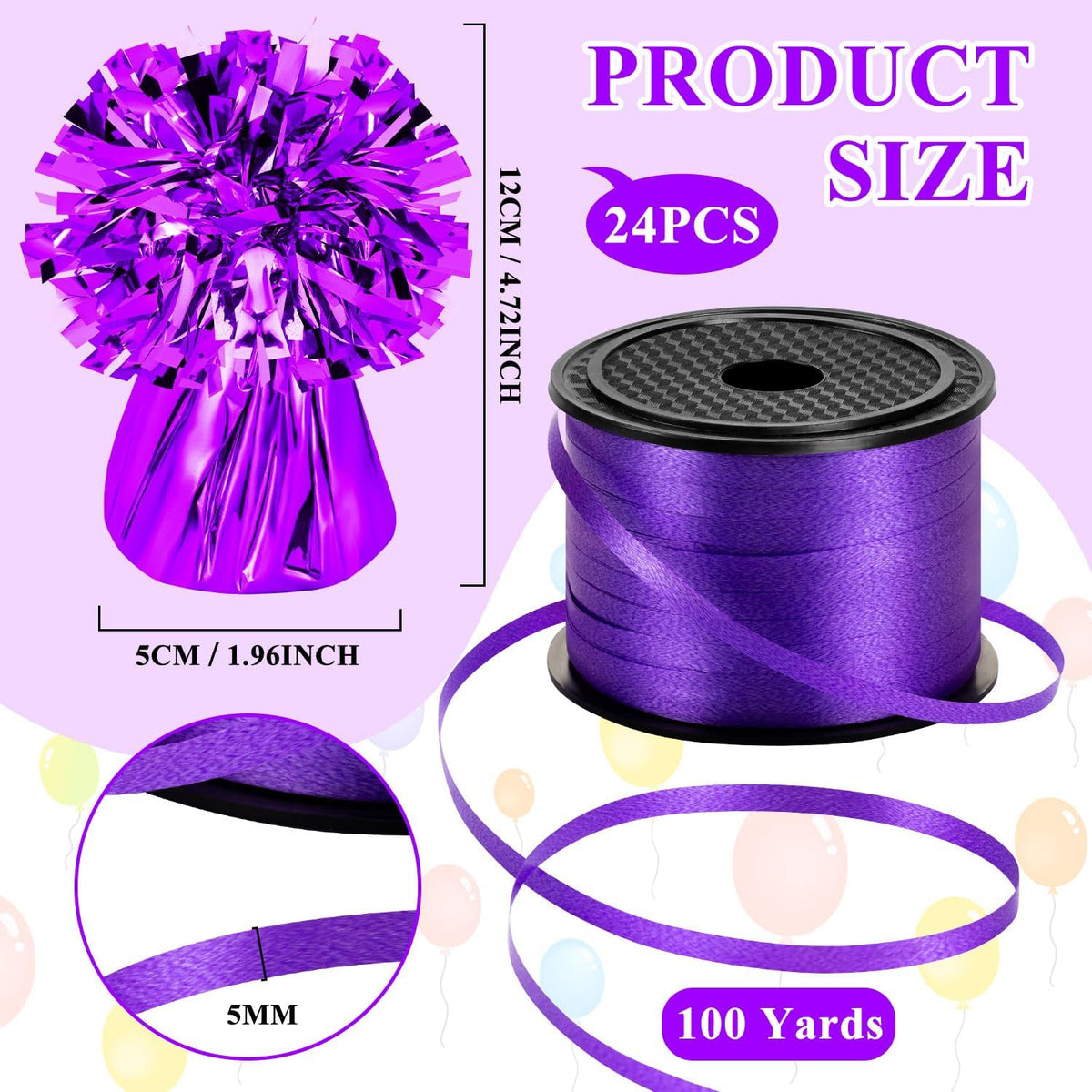 24 PCS Balloon Weights Metallic Anchor, Balloon Holder Heavy Weights with 1 Roll Purple Crimped