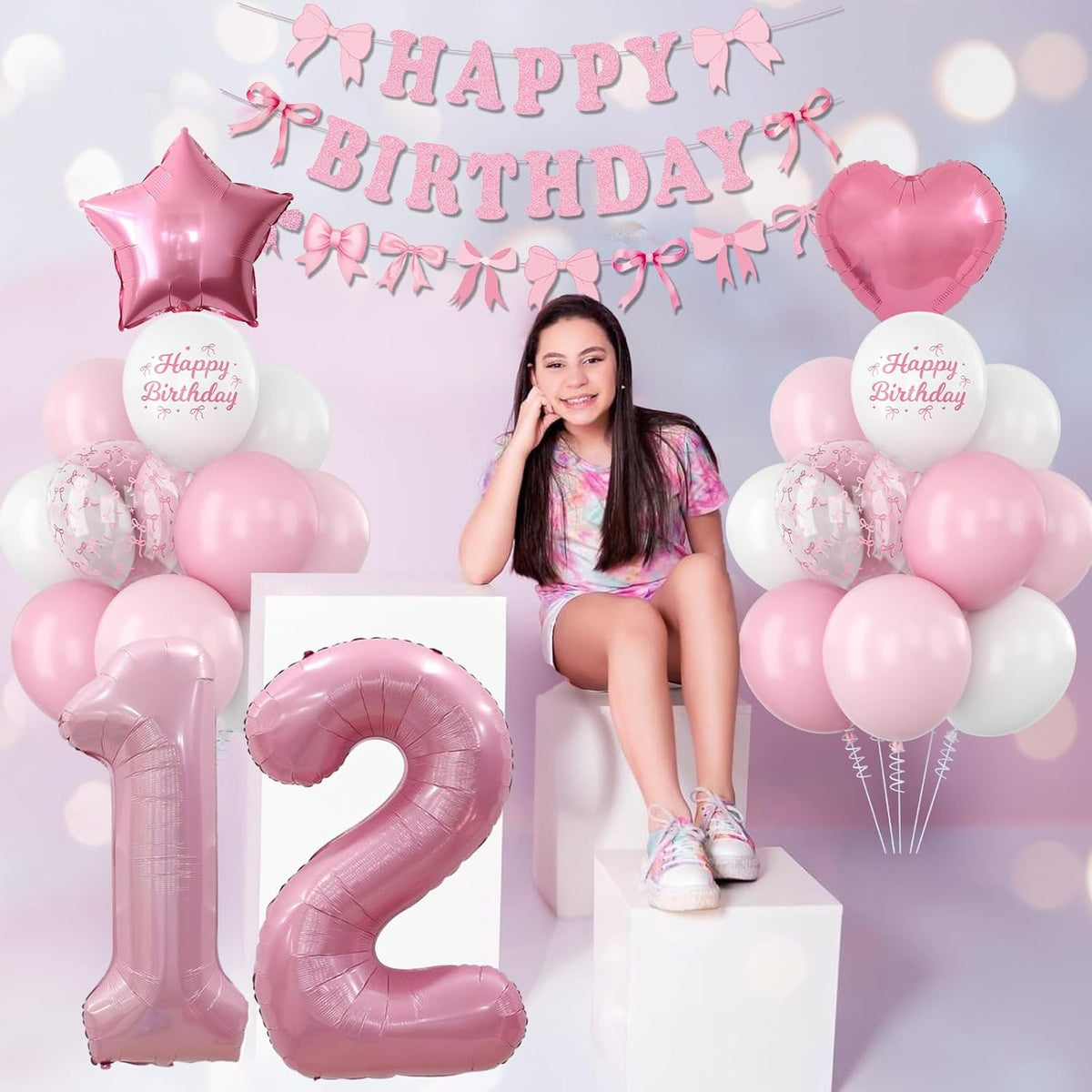 12th Birthday Decorations for Girls Pink Number 12 Balloon Bow Coquette Happy Birthday Banner