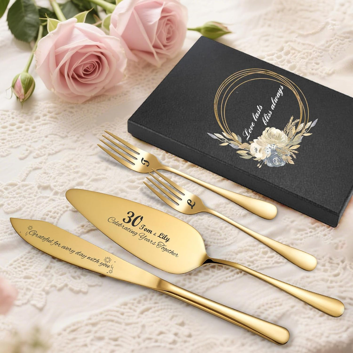 Personalized 4 Piece Wedding Cake Cutting Set, Custom Names Cake Knife and Server set with Forks