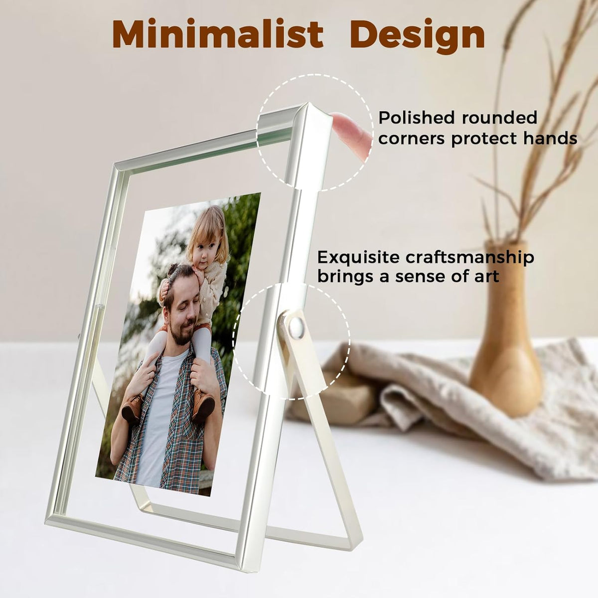 Silver Floating Frame (5"x7", Vertical), For Picture 4x6, 3.5x5, 2x3, Small Desktop Photo Frame