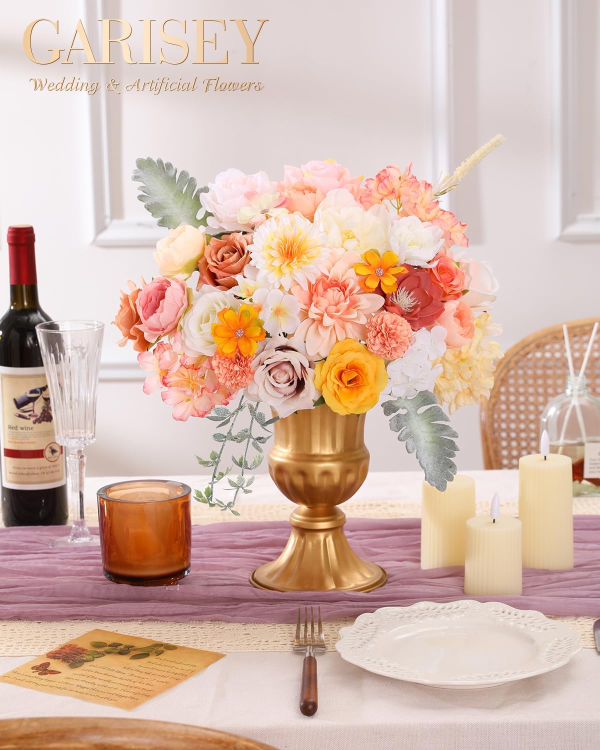 Artificial Flowers Combo, Mix Silk Flowers Roses, Peonies, Dahlias with Stems for DIY Wedding