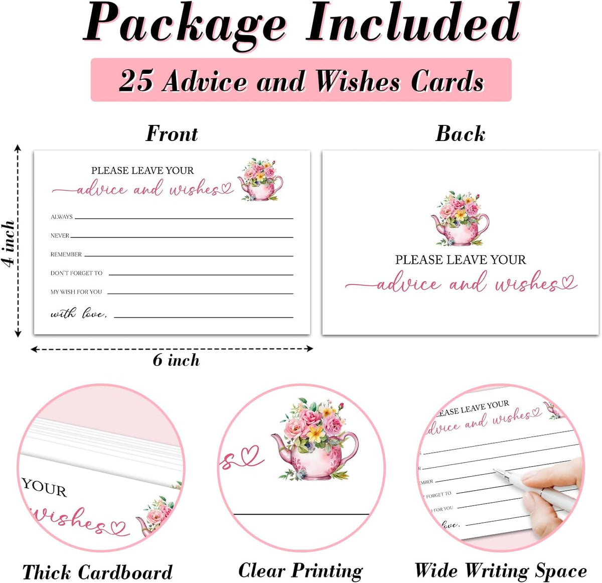 25 Advice and Wishes Cards, Floral & Teapot Fill-In Advice Cards for Bridal Shower Wedding Birthday