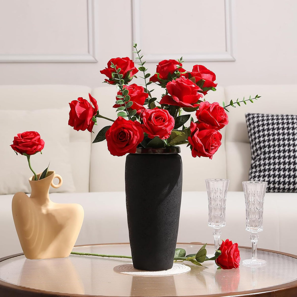 Tifuly 12 Pcs Red Roses Artificial Flowers,Realistic Long Stem Fake Silk Roses Bouquet for Party