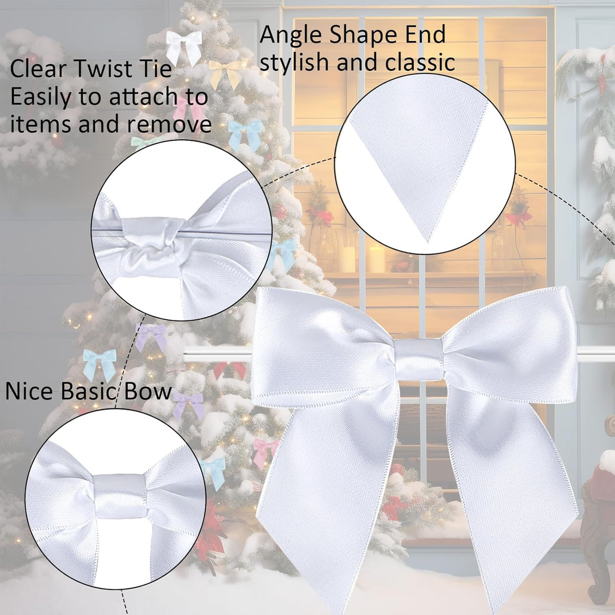114 Pack Twist Tie Bows for Treat Bags 3" White Satin Ribbon Bows for Package Craft, Gift Wrapping