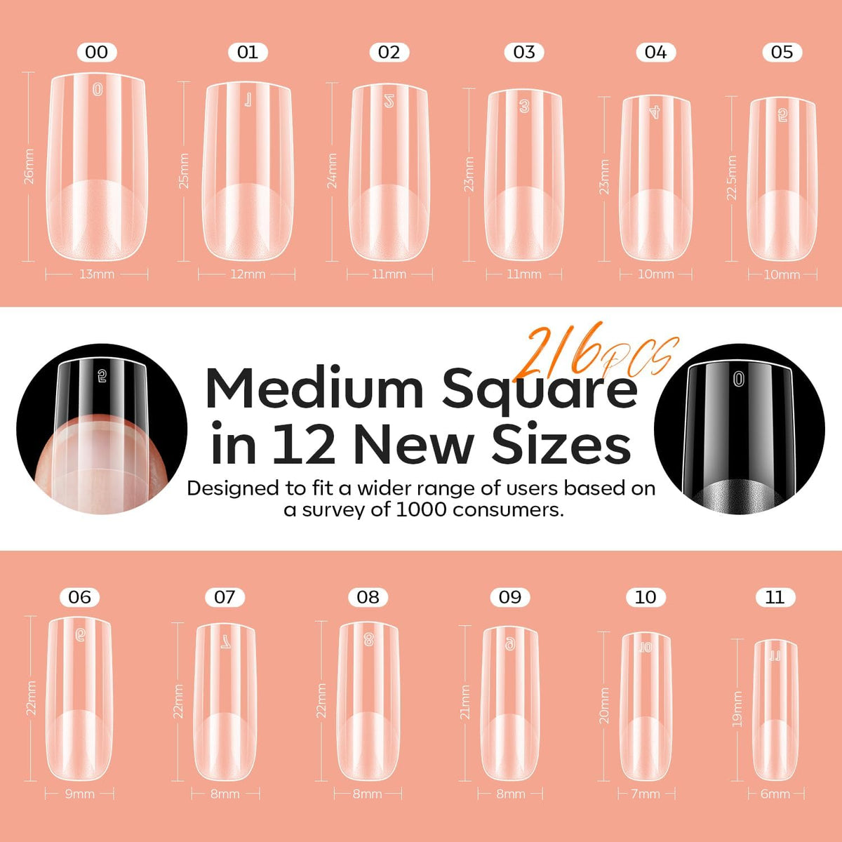 modelones Medium Square Gel Nail Tips Kit, 9-in-One Nail Glue with Portable U V Lamp 216Pcs 12Sizes