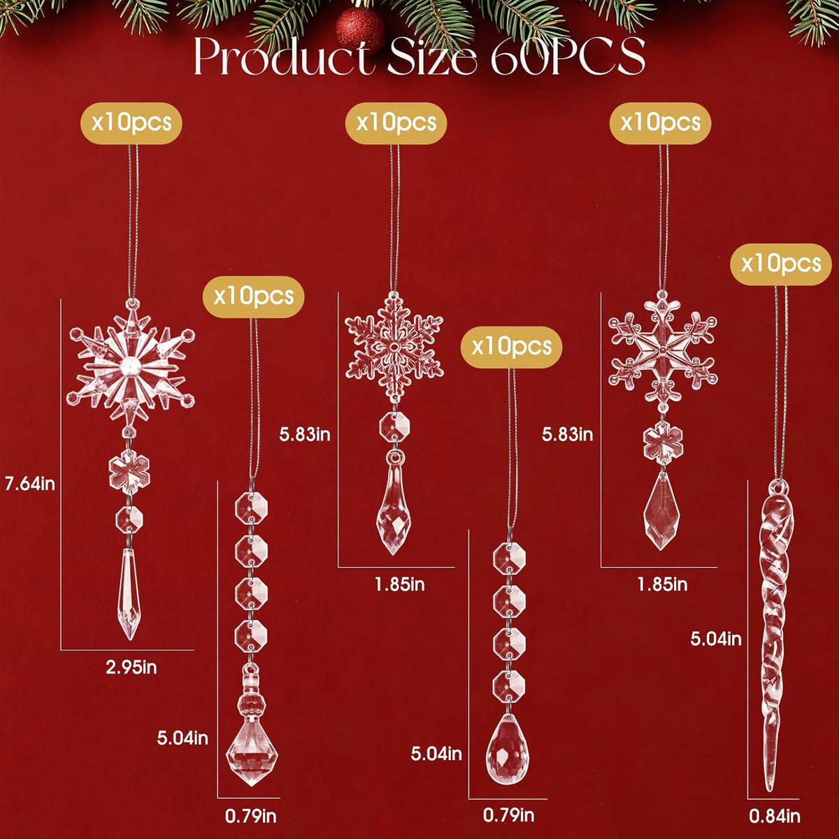 40pcs Christmas Ornaments Set for Tree Decorations- Hanging Acrylic Crystal Snowflake Christmas