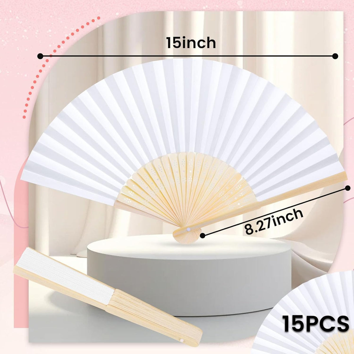 DomeStar 15 Pcs White Paper Fans Handheld – 8.3 Inch Foldable Hand Fan, Folding Fans Handheld for