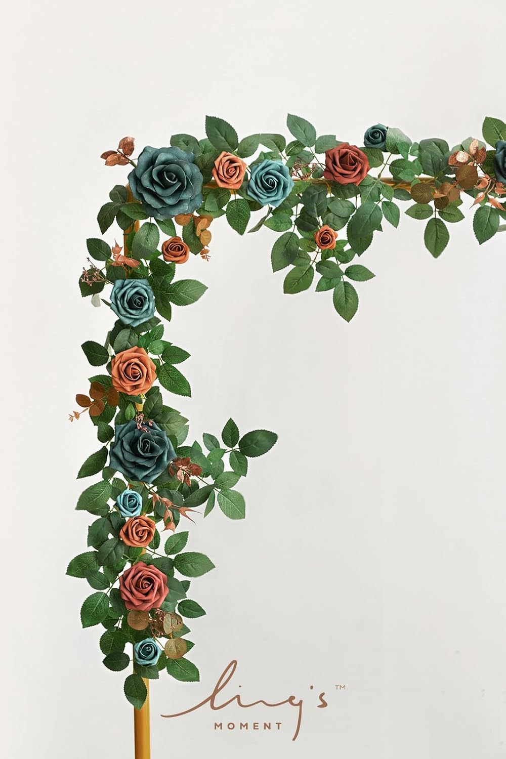 Ling's Moment 5FT Teal Blue Artificial Flower Garland Burnt Orange Rose Eucalyptus Leaves Floral