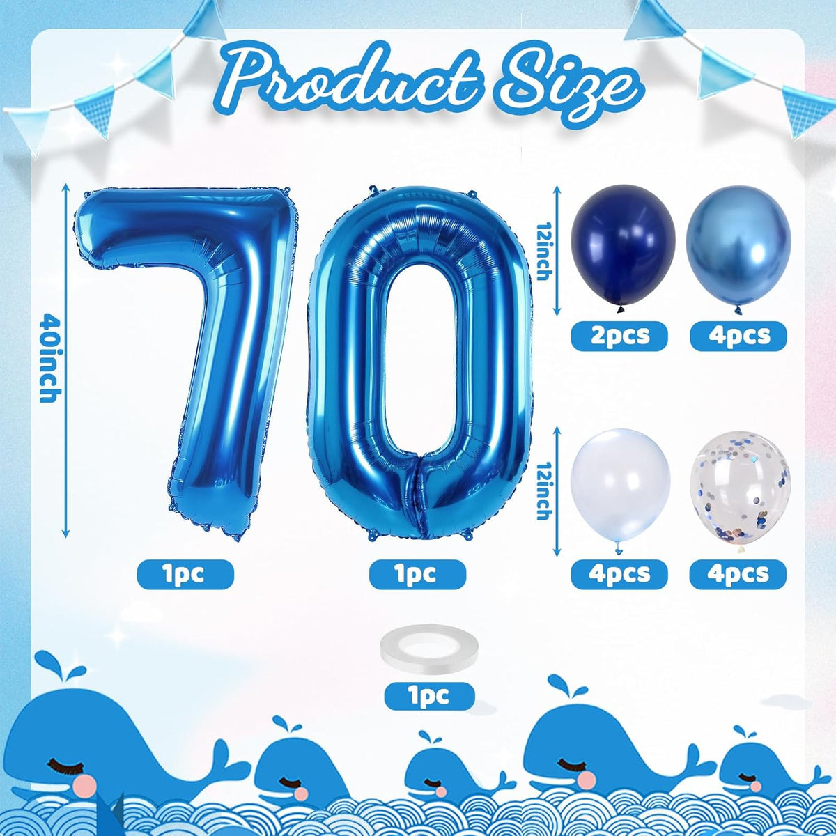 Giant Number Foil Balloon 70, Dark Blue Self Inflating 70th Birthday Balloon for Men, 40'' 70