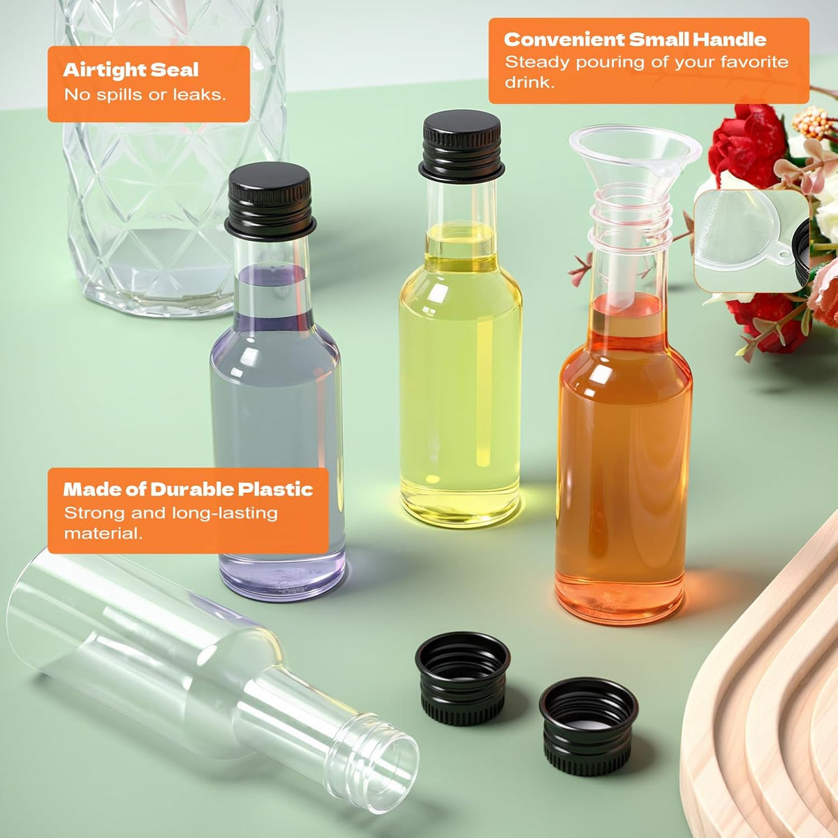 50 Pcs Mini Liquor Bottles with Black Cap, Plastic Alcohol Bottles, 2oz Leakproof Empty Spirit
