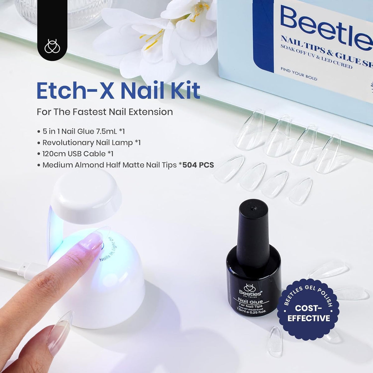 Beetles Gel Nail Kit Etch-X, Almond Medium, 500pcs 12 Sizes, with 9 in 1 Glue Mini Nail Lamp, Fall