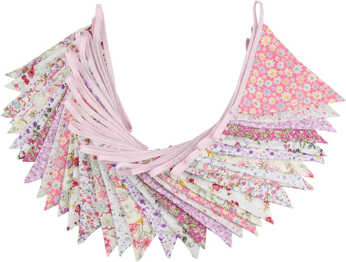 10M/32Ft Triangle Bunting Banner, 36 Pcs Cotton Fabric Flags Pennant Garlands for Birthday Party