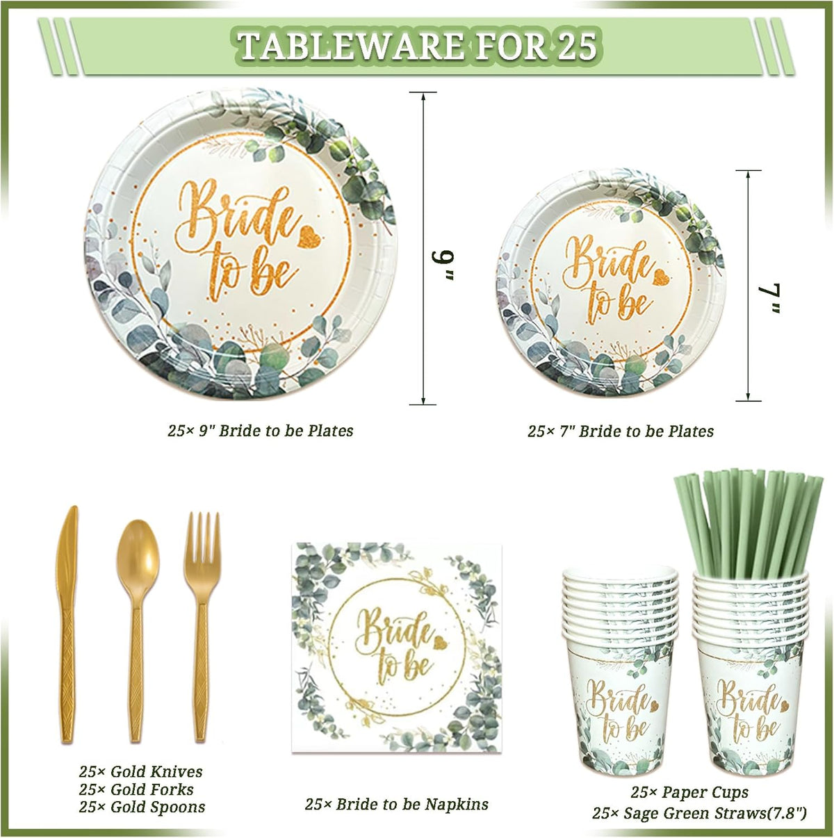 310 Pcs Sage Green Bridal Shower Decorations, Bachelorette Party Decorations Favors - "BRIDE TO BE"
