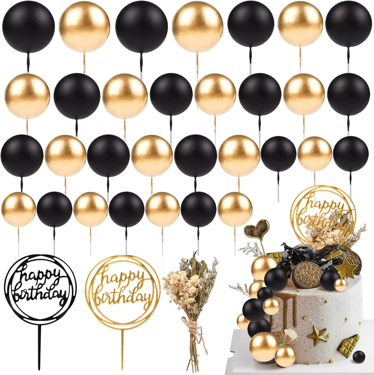 33 PCS Mini Ball Cake Topper Cupcake Insert Acrylic Cake Topper Artificial Dried Flowers Cake