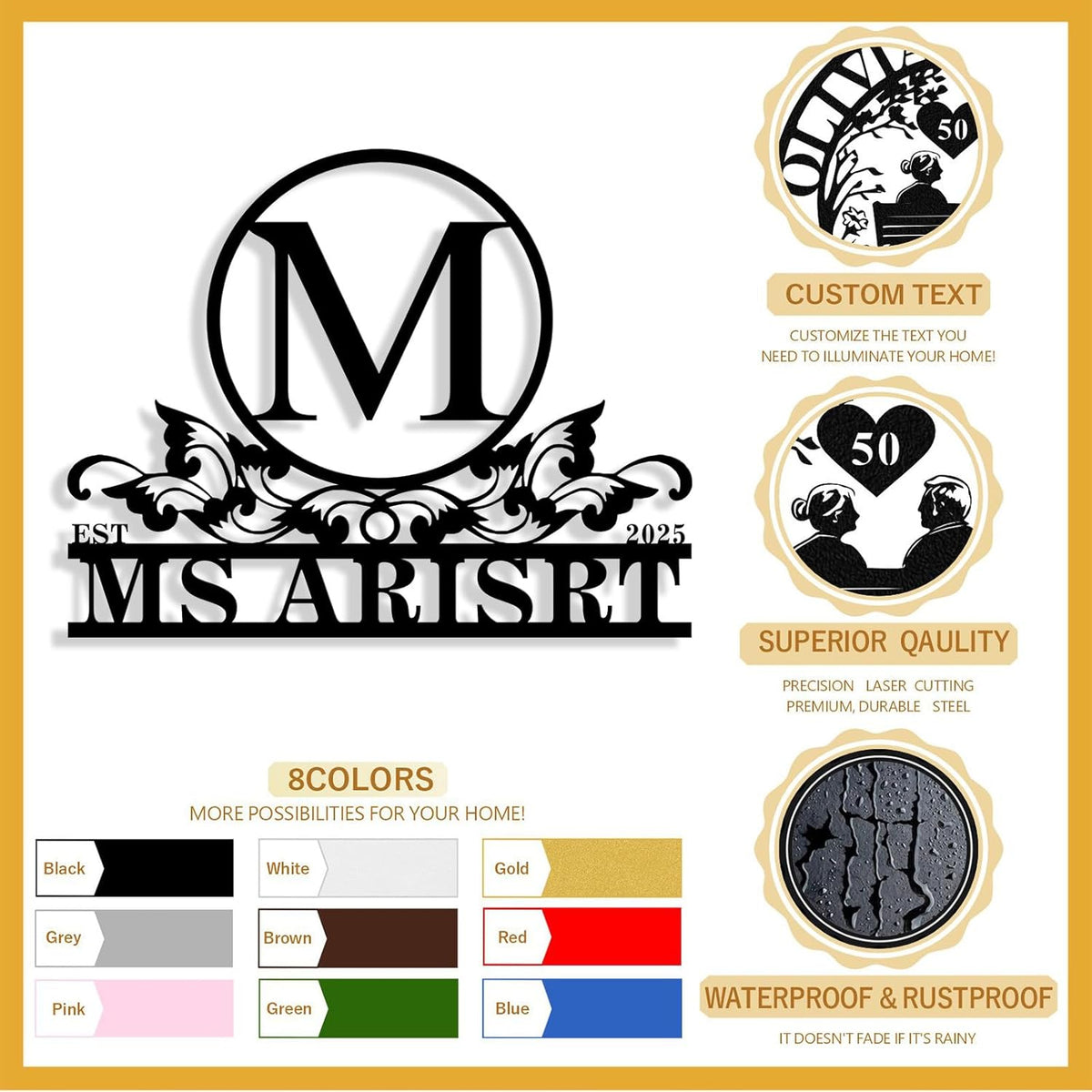 Custom Metal Name Sign, Personalized Family Last Name Signs for Home, Split Letter Monogram Wall