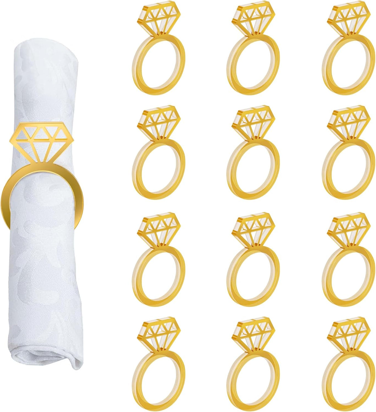 Edussy Gold Napkin Rings Set of 12,Acrylic Mirror Diamond Napkin Ring Holders for Wedding