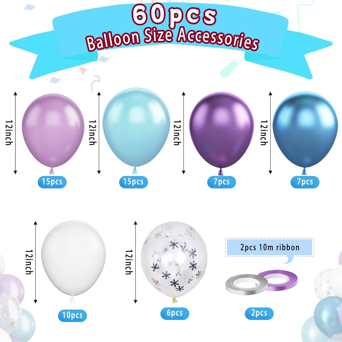 Paready Frozen Balloons, 60 Pcs 12 Inch Purple Blue Balloons White and Snow Confetti Latex Balloons