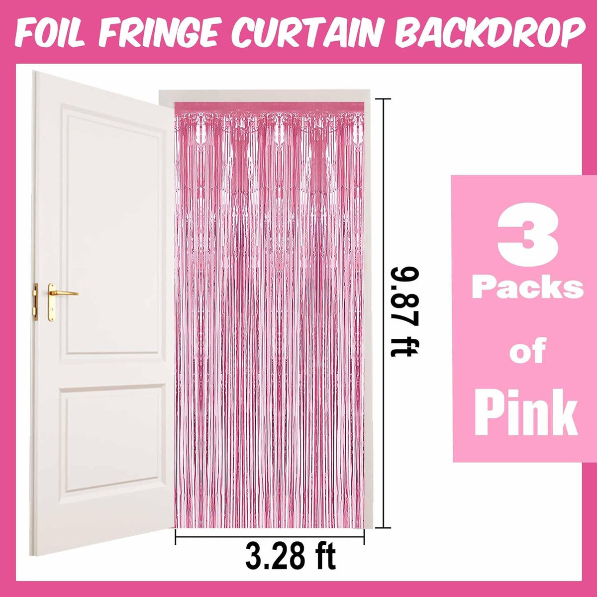 3 Pack Pink Foil Fringe Curtains Backdrop, 3.28 x 9.8 Ft Metallic Streamers Tinsel Curtains