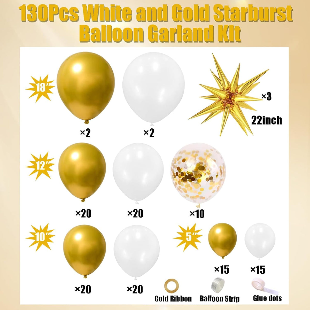 White and Gold Balloons Garland Arch Kit, 130Pcs White Metallic Gold Confetti Balloon with Star