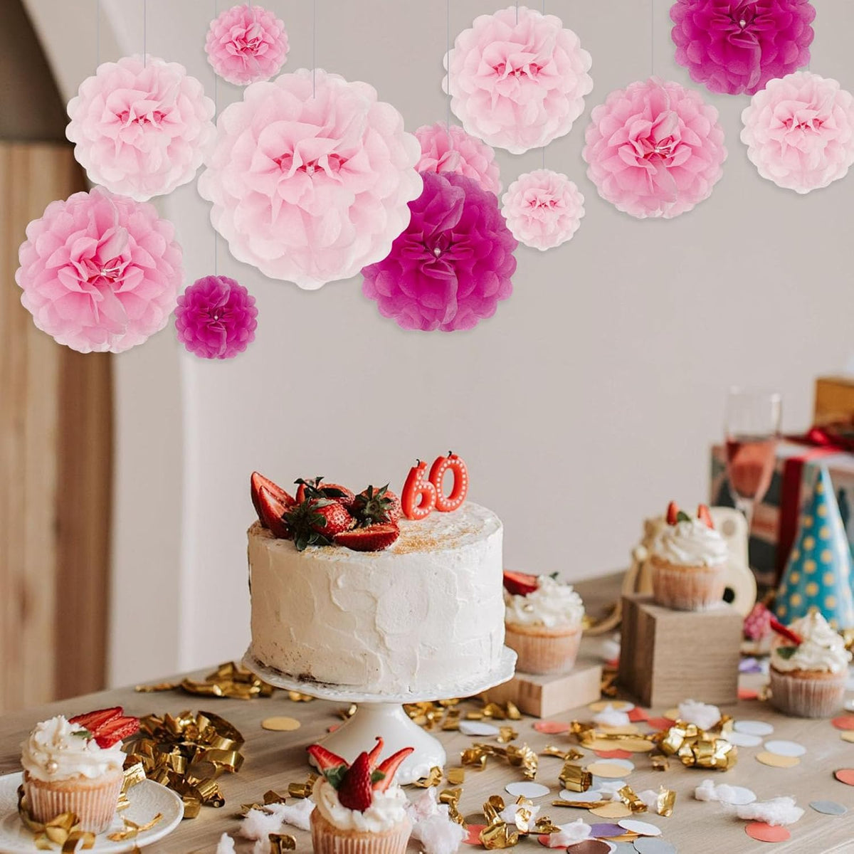 Tissue Paper Pom Poms, Pink Tissue Paper Flowers, Hanging Flower Balls for Weddings Fiesta Parties