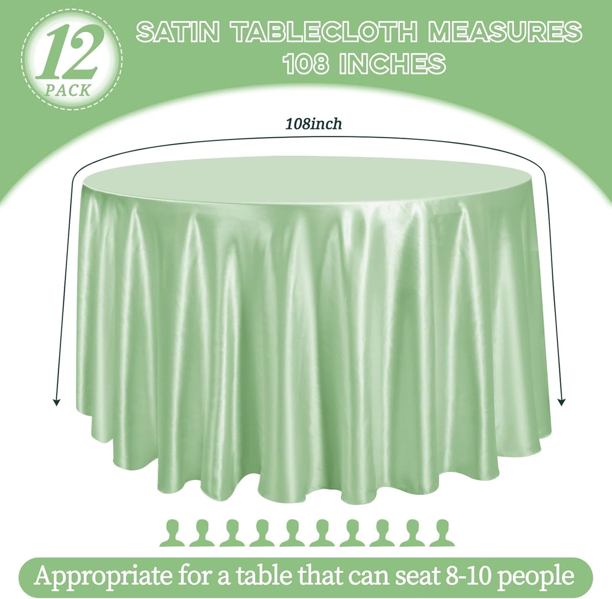 fani 12 Pack 108 Inch Sage Green Satin Tablecloth - Silky Round Tablecloth Overlay Smooth Fabric