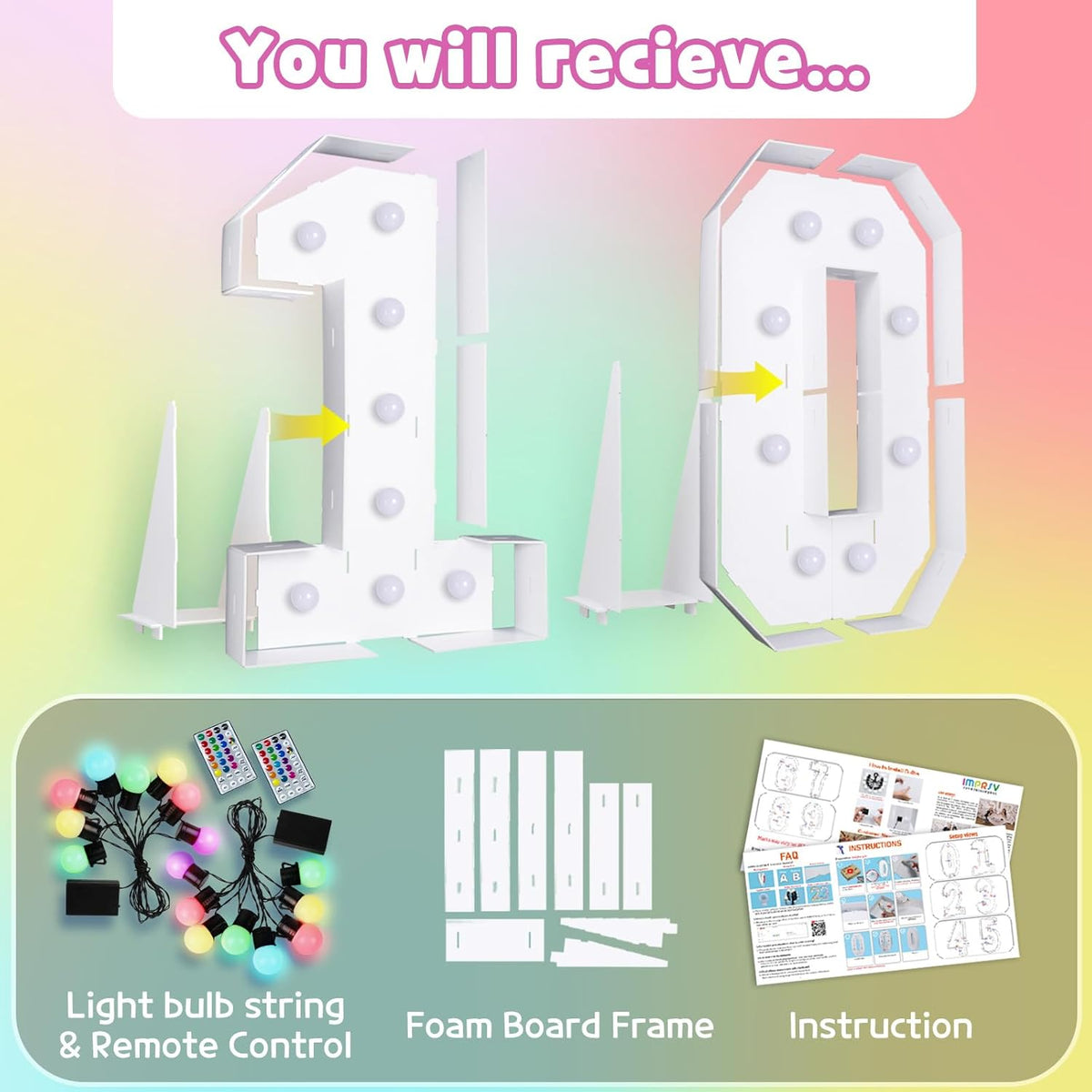 Marquee Numbers 10th-Birthday Decoration: Colorful 3FT Large Light Up 10 Year Old Birthday