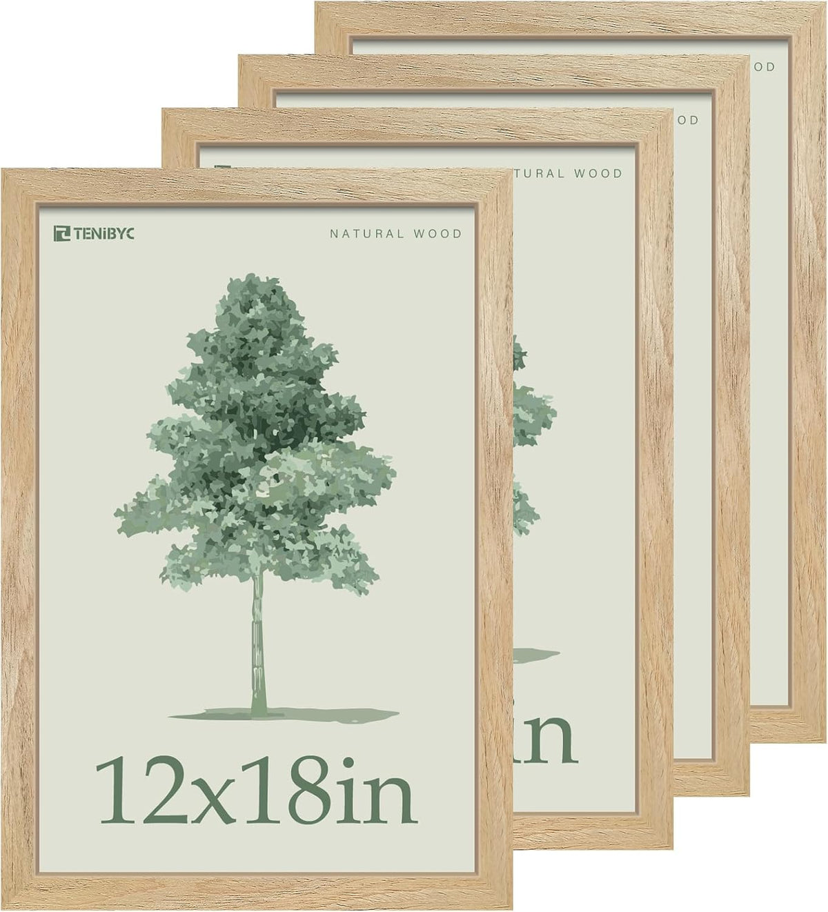 12x18 Poster Frame 4 Pack, Textured Natural Solid Wood Picture Frame, HD Tempered Glass, Wall