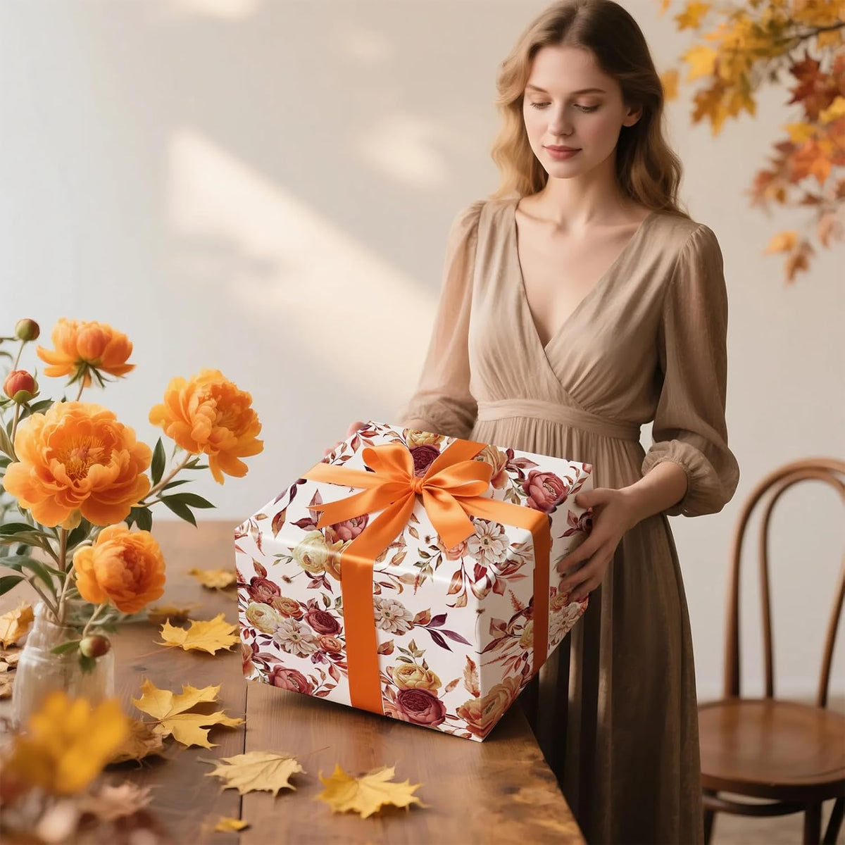 RUSPEPA Fall Floral Wrapping Paper Roll for Women Girls, Mini Roll, Vintage Rose and Autumn Bloom