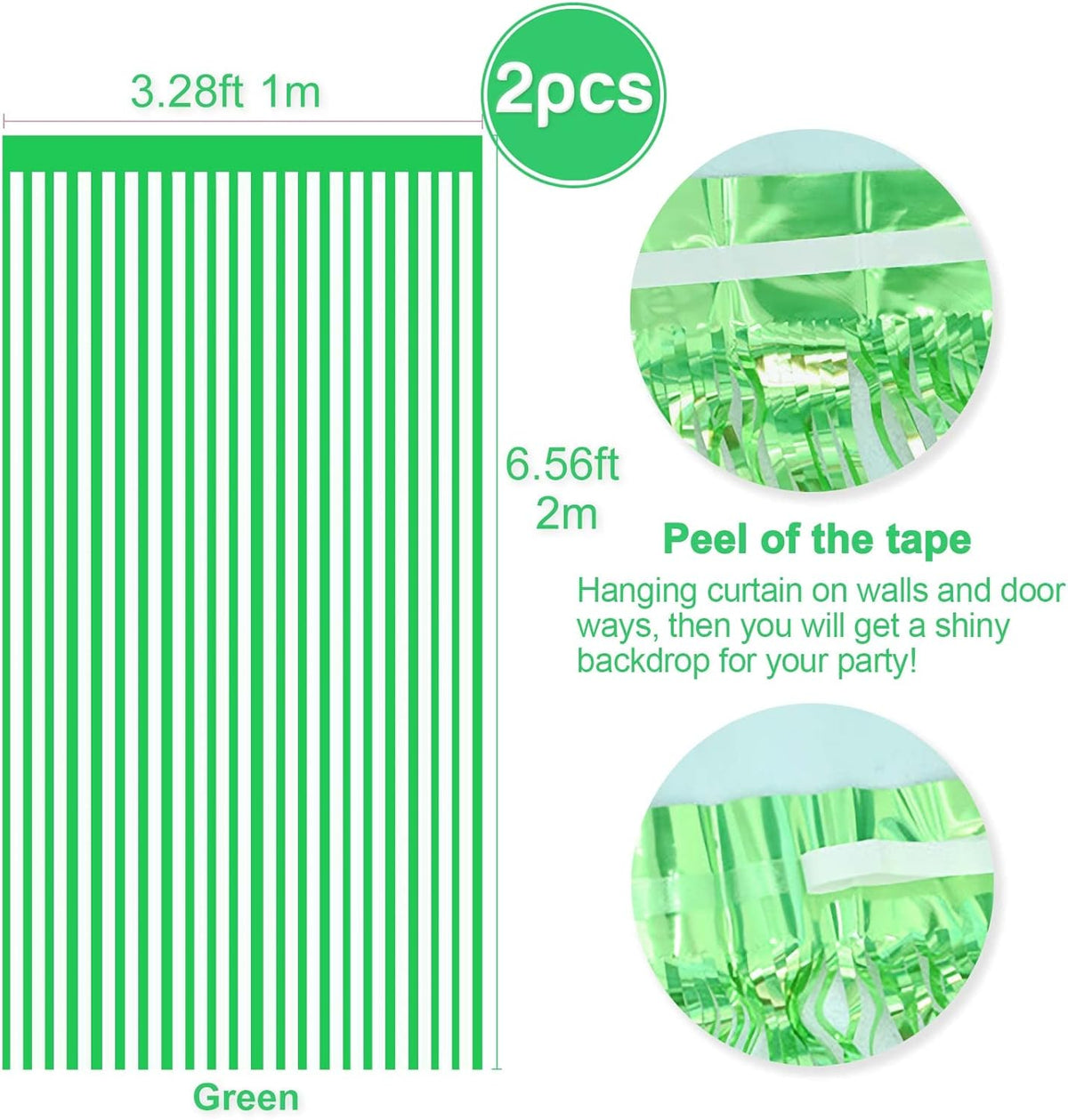 2 Pcs Green Metallic Tinsel Foil Fringe Curtains Backdrop, 3.28 ft x 6.56 ft Streamers for Birthday