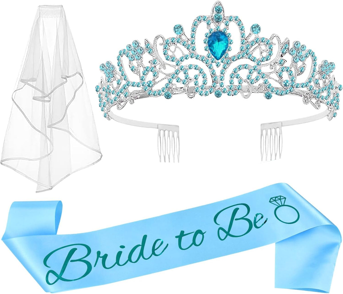 JETKONG 3 Pcs Bachelorette Party Decorations Bridal Shower Crown, Bride to Be Sash&Veil for Women