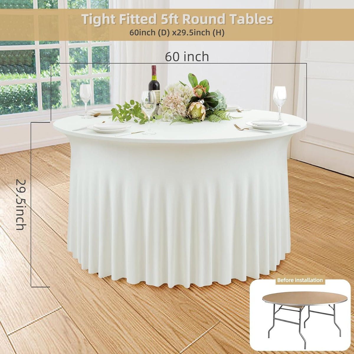 2 Pack Ivory Spandex Round Tablecloths for 60 inch Tables, Wrinkle Free Stretchy Fitted 120inch