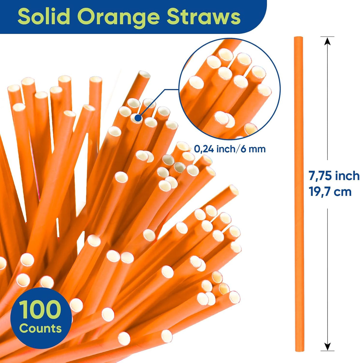 7.75 inch Solid Orange Paper Drinking Straws Unwrapped 100 Counts for Cocktail, Bar, Restaurants