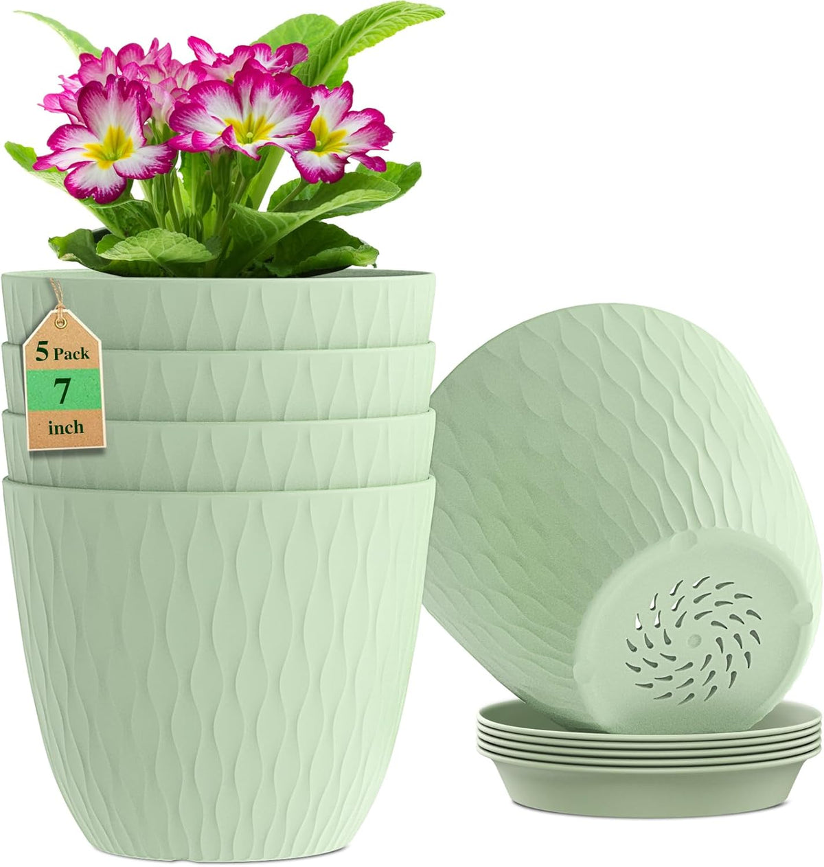 7 inch Flower Pots, 5 Pack Plant Pots with Drainage Holes and Saucers for Indoor Plants, Plastic