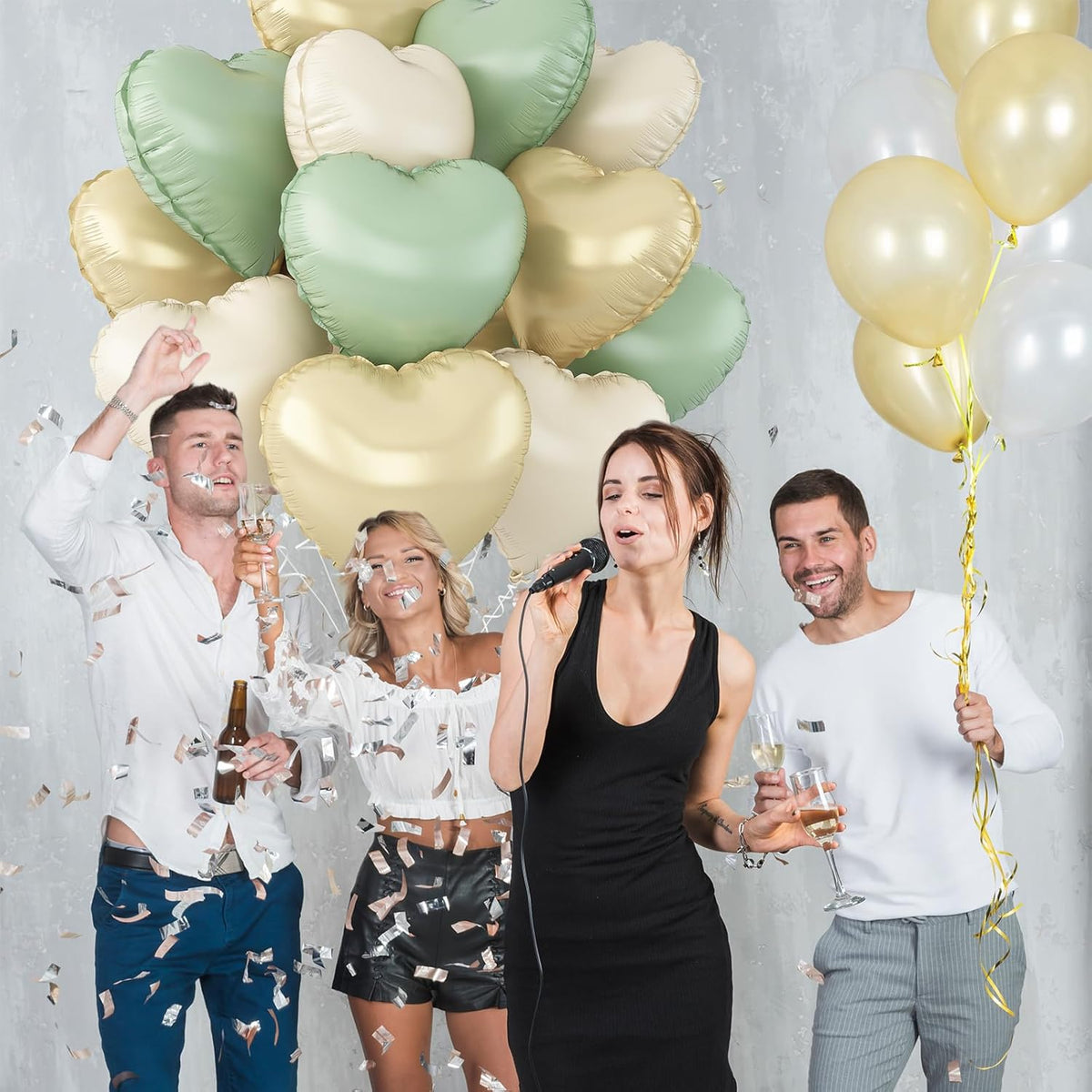 Sage Green Gold Heart Balloons,12Pcs Light Gold Heart Shaped Foil Balloons,18Inch Cream White
