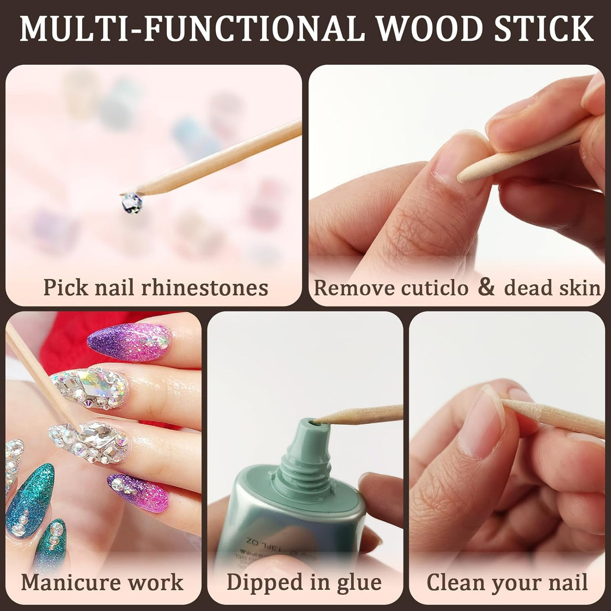 50 Pcs Orange Wood Sticks for Nails, 4.5" Cuticle Sticks, Double Sided Nail Tools for Manicure and