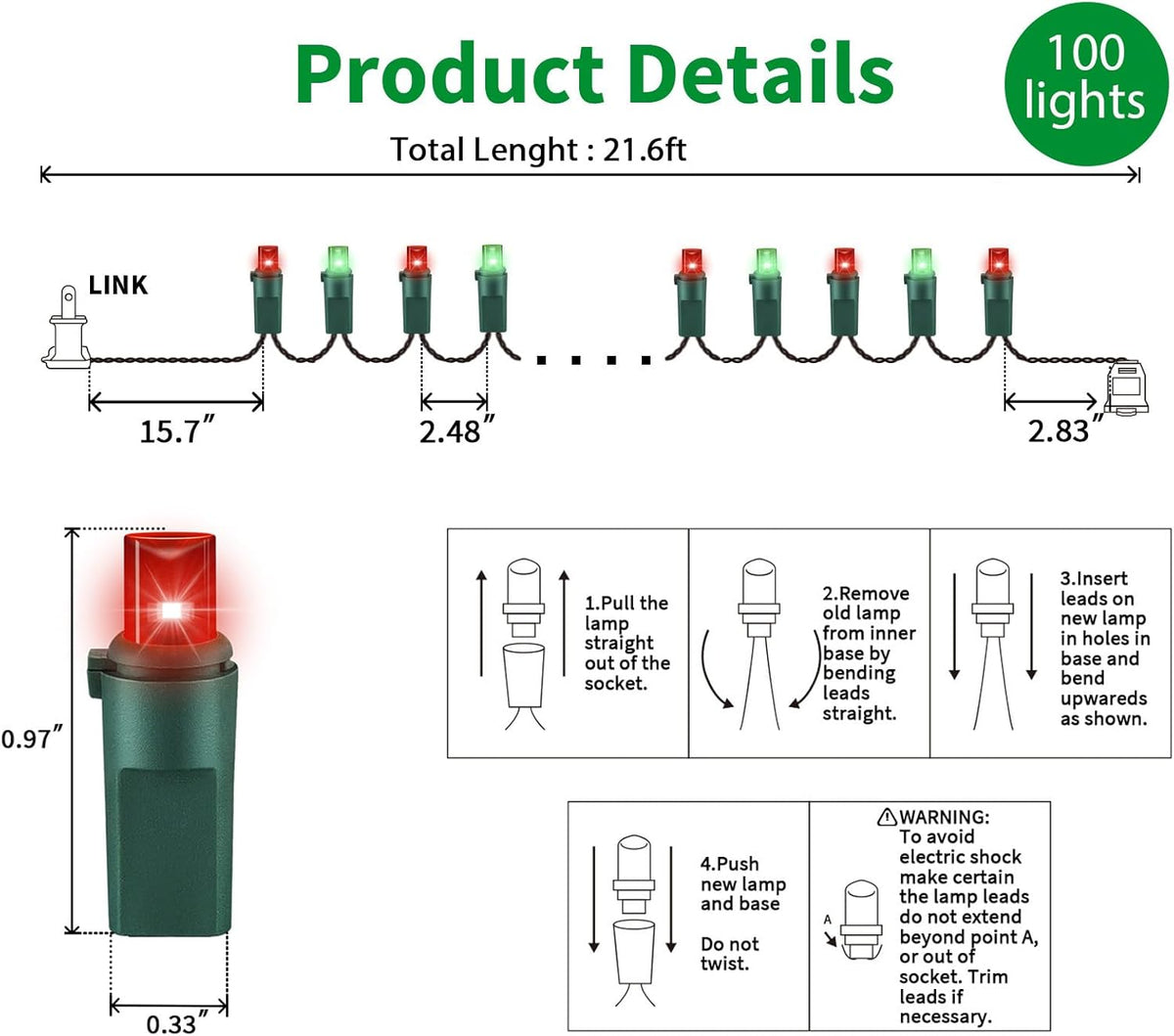100 Count Red and Green - String Lights - 21.6FT LED Christmas Lights, Mini led Lights for Indoor