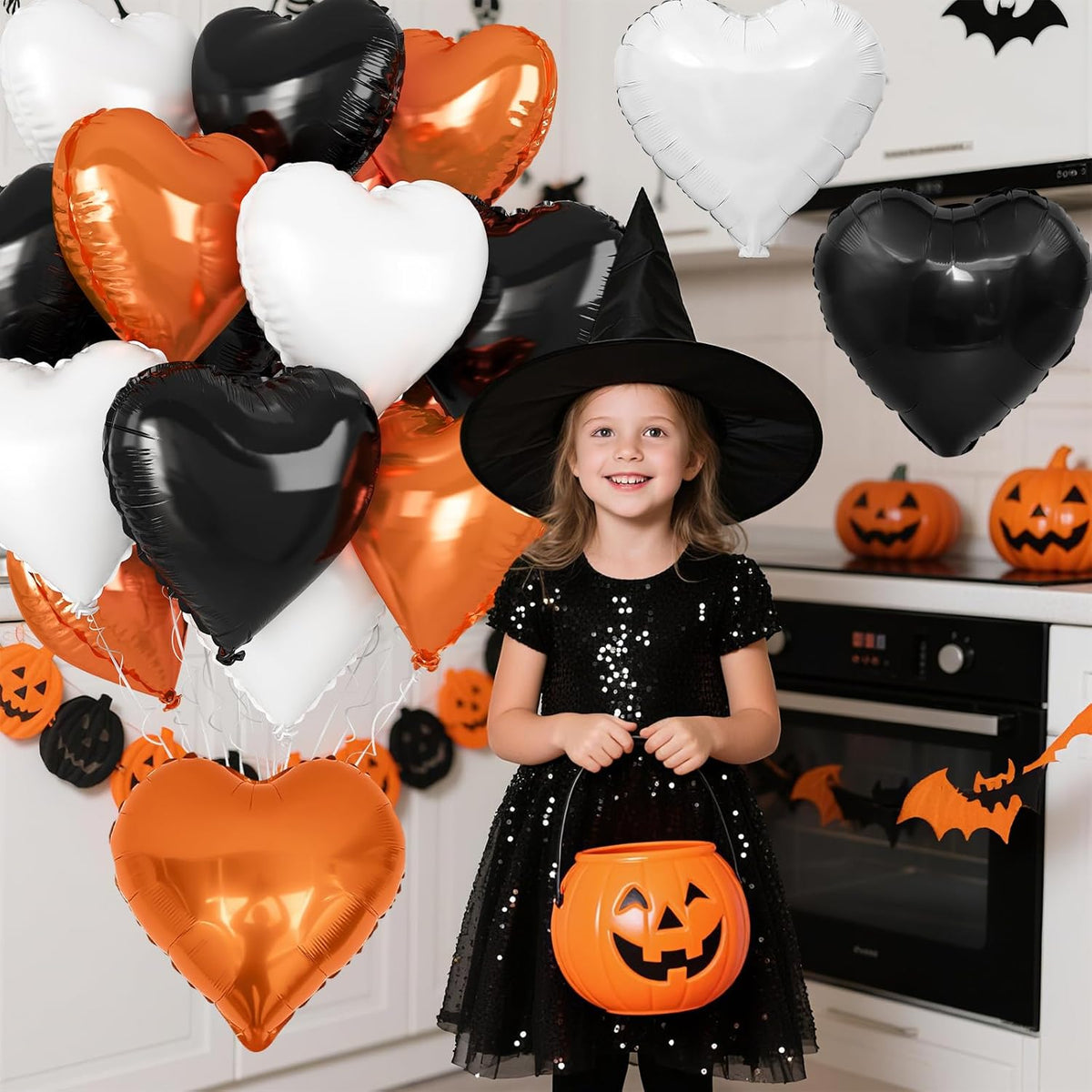 Black Orange Heart Balloons, 18 Inch Black White Orange Heart Foil Shape Balloon, 12PCS Large Love