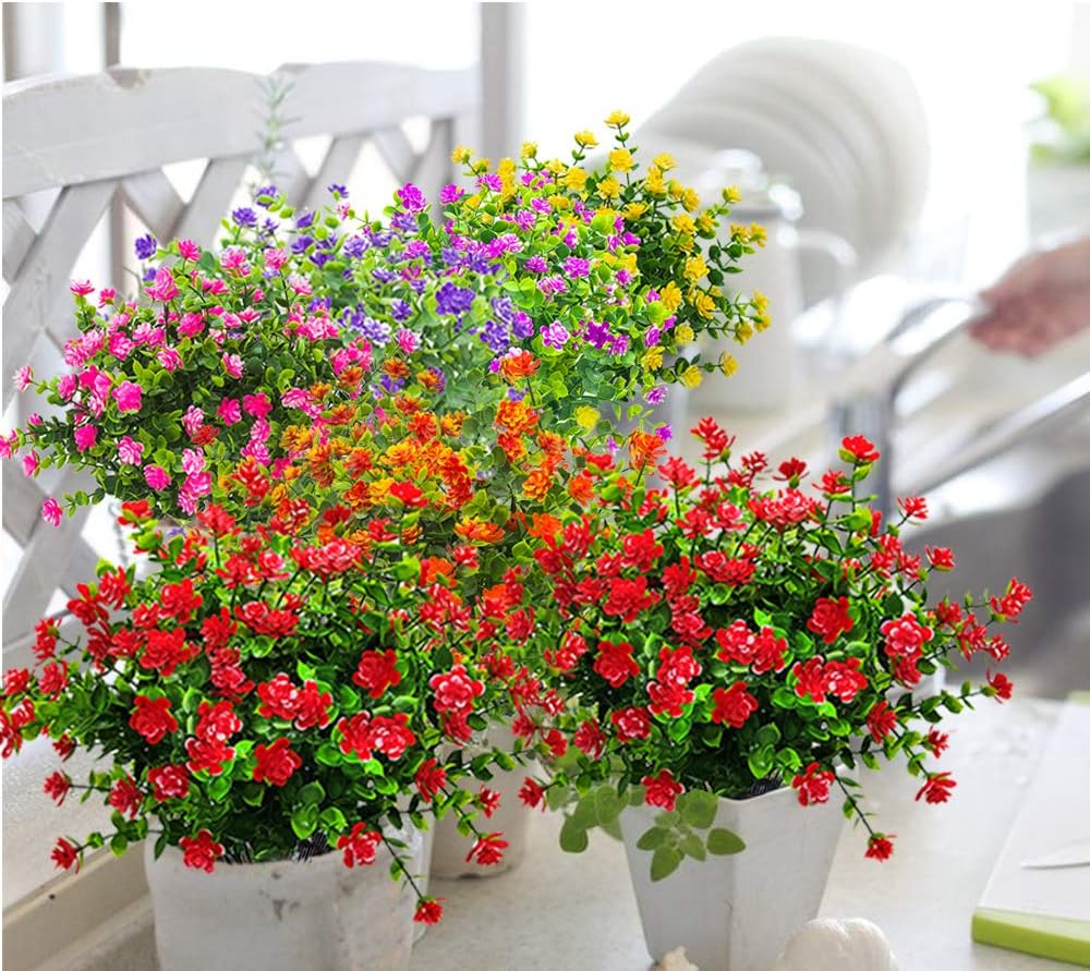 10 Bundles Artificial Fake Flowers, Faux Outdoor Plastic Plants UV Resistant Shrubs Outside Indoor