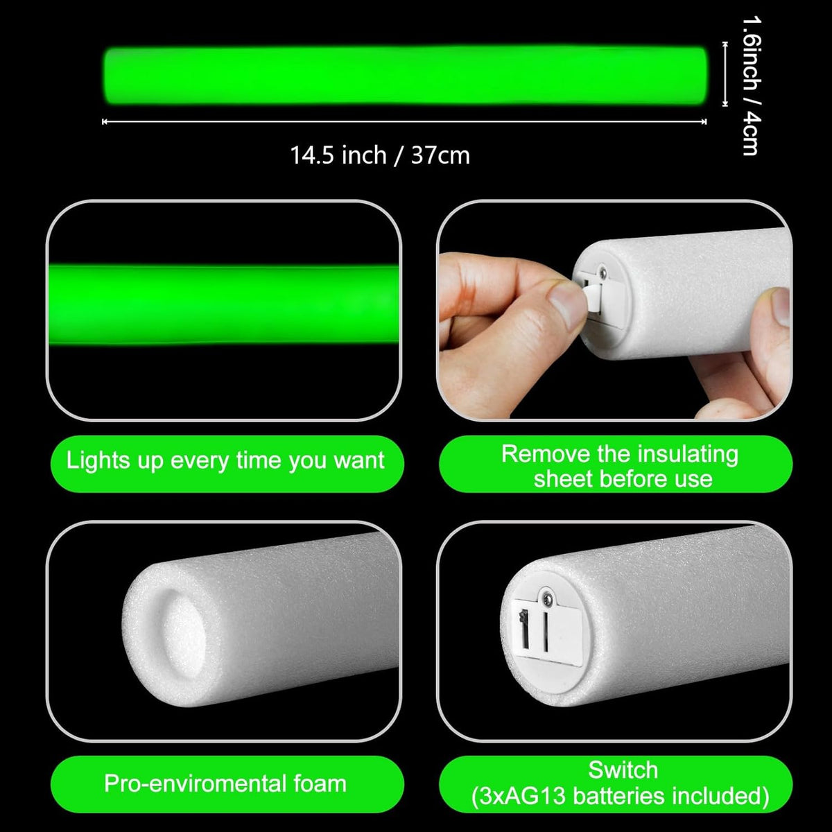 Glow Foam Sticks Bulk, 24 Pcs Green Giant LED Light Up Sticks Flashing Glowing Baton Wands Party