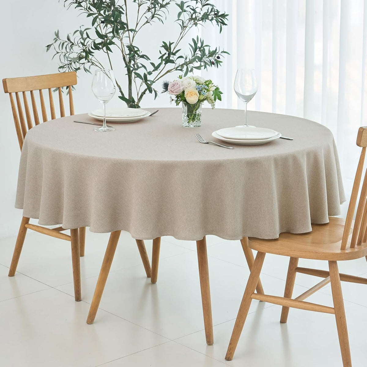 maxmill Round Linen Textured Tablecloth Spill-Proof Stainproof Wrinkle Free Washable Fabric Table