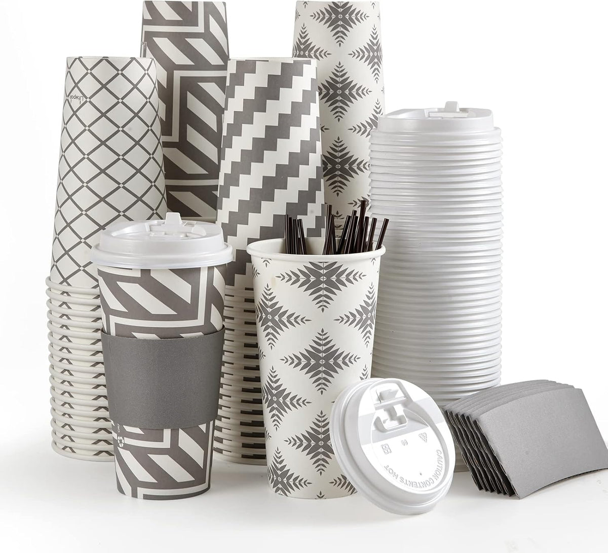 LITOPAK 100 Pack 20 oz Paper Coffee Cups with Lid, Sleeve, and Straws, Four Designs of Disposable