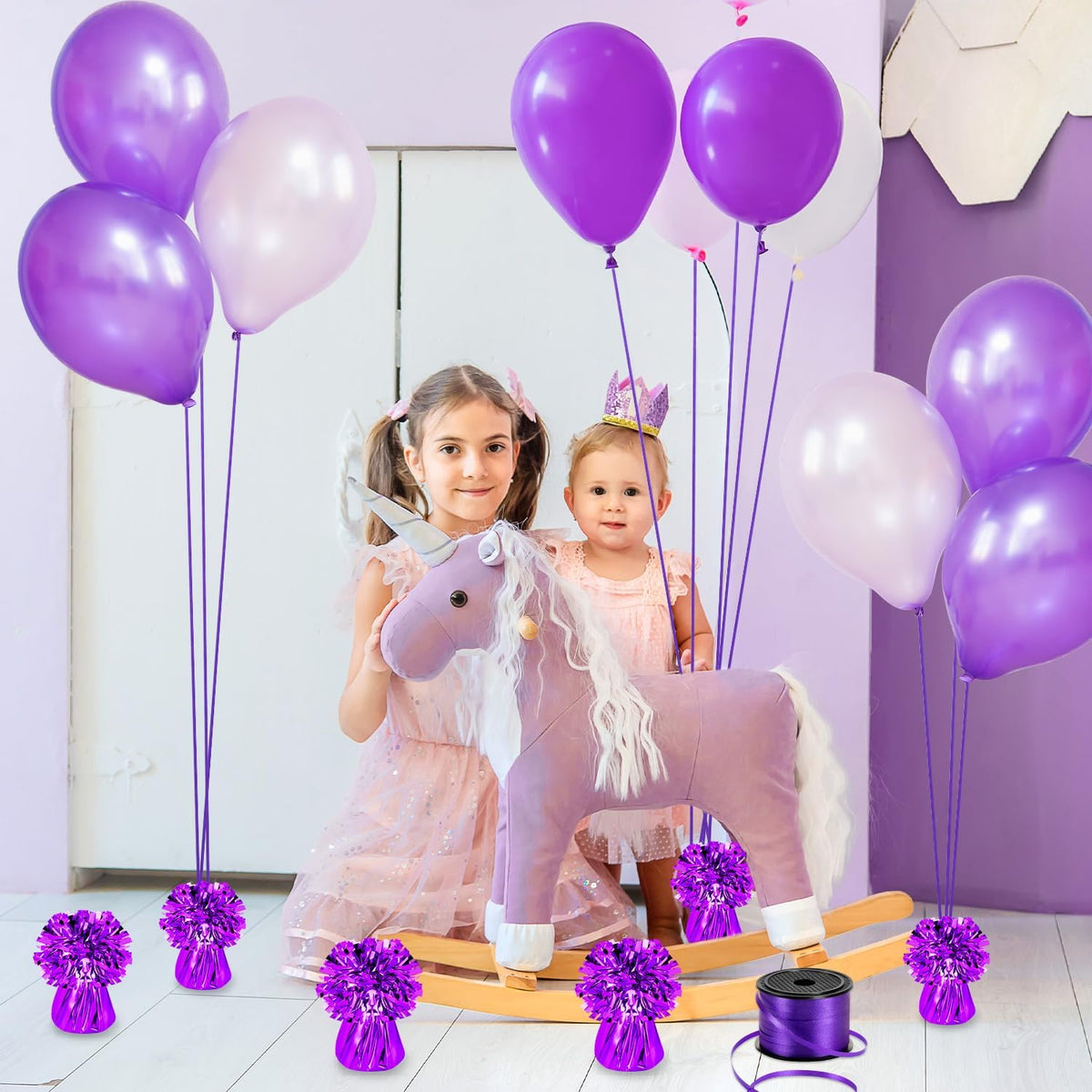 24 PCS Balloon Weights Metallic Anchor, Balloon Holder Heavy Weights with 1 Roll Purple Crimped