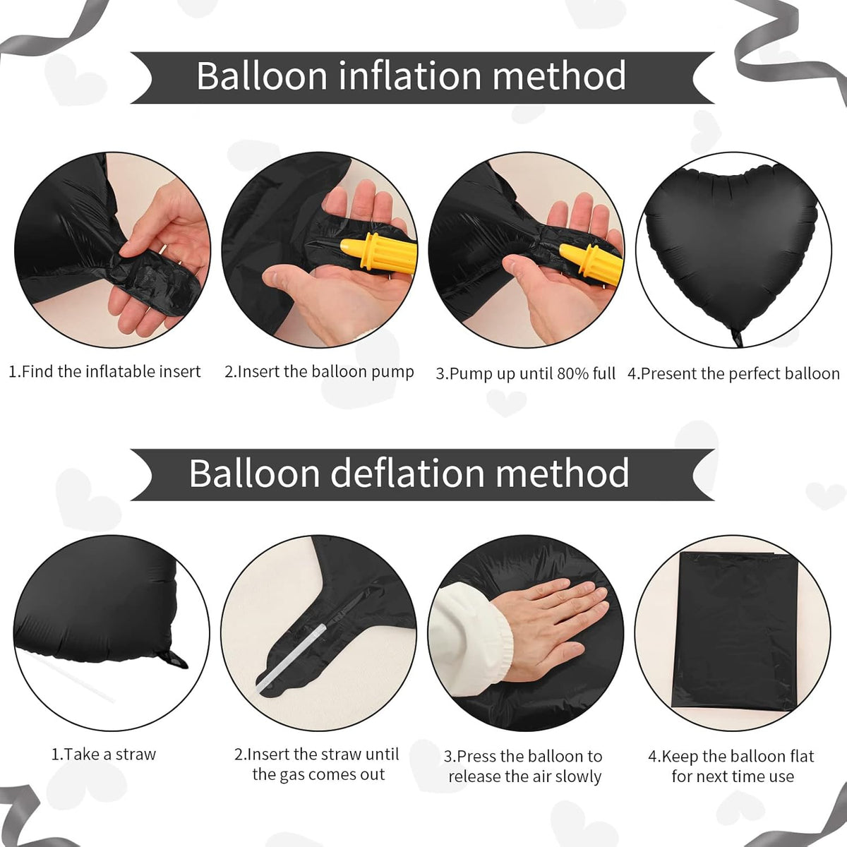 Foil Heart Balloons - 10 Black Heart Shaped Balloons, 18inch Metallic Foil for Valentines Day