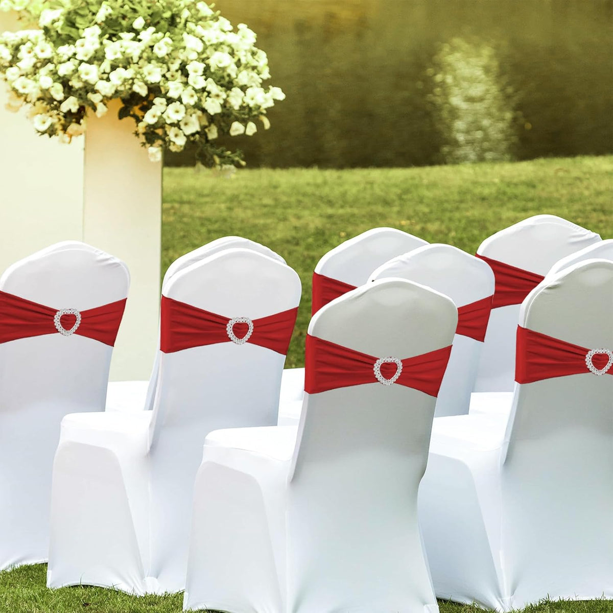 100PCS Spandex Stretch Red Chair Sashes Bows Universal Elastic Chair Cover Bands Ties with Buckle