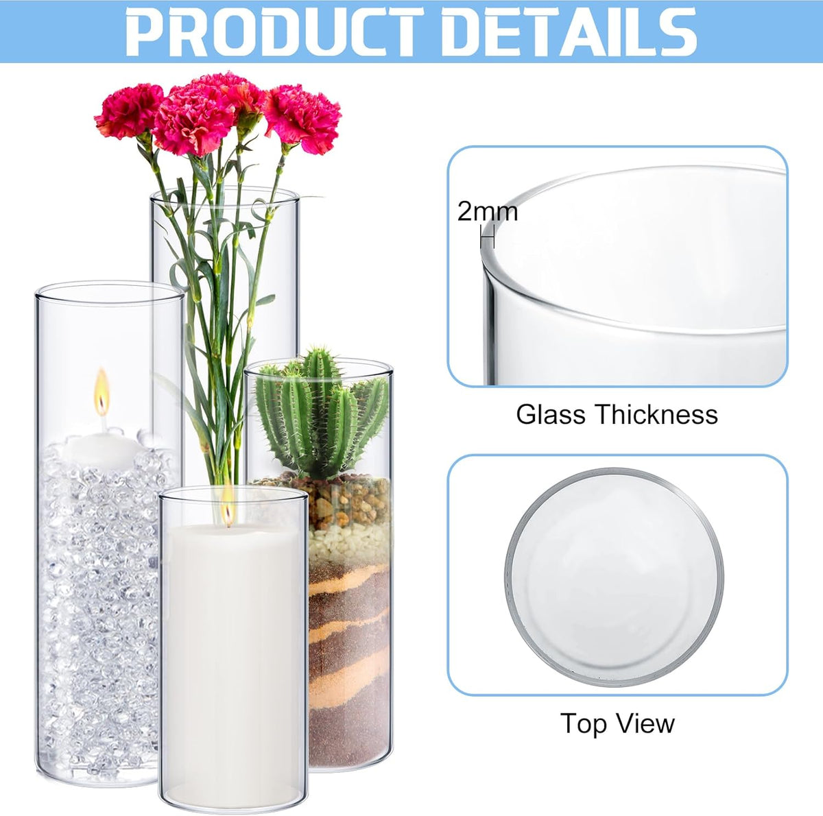 Sawysine 48 Pcs Glass Cylinder Vases 2.5''/2.95''/3.9'' Diameter Clear Flowers Vase Hurricane