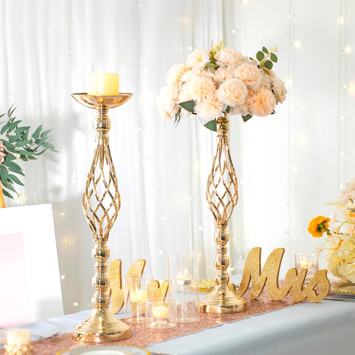 LANLONG 2pcs Metal Gold Candle Holders Road Lead Table Centerpiece Stand Pillar Candlestick for