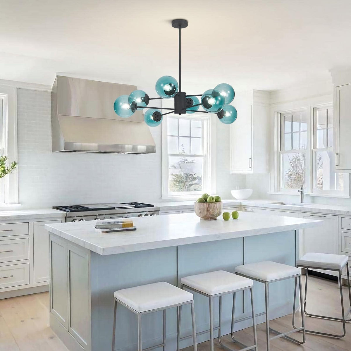 KCO Lighting Modern 8-Lights Blue Glass Sputnik Chandelier Mid-Century Matte Black Globe Flush