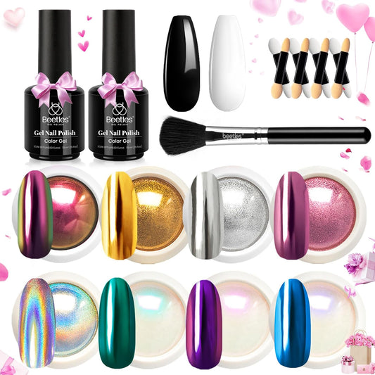 Beetles Metallic Chrome Nail Powder Kit Black White Colors Gel Polish Mirror Effect Holographic
